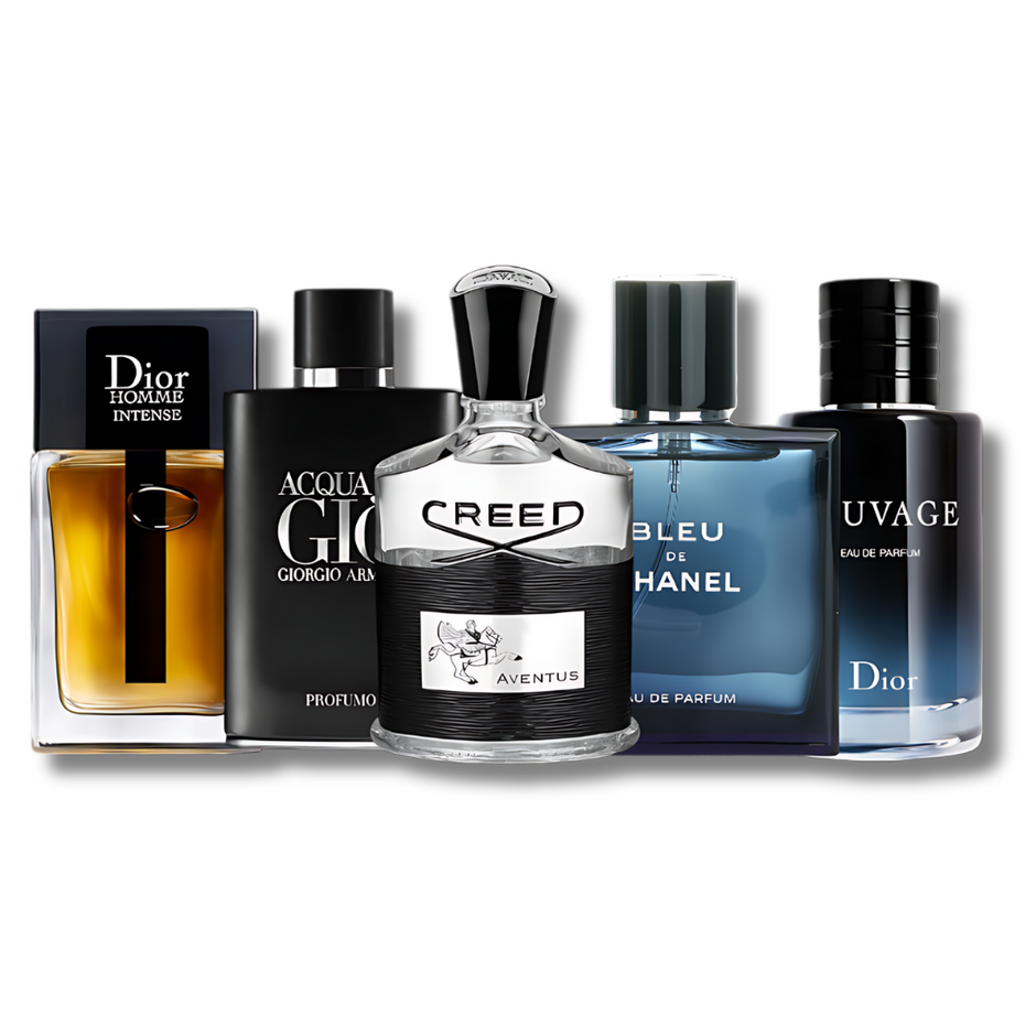 Set 5 Perfumes Creed Aventus, Bleu de Chanel, Dior Sauvage, Dior Homme Intense & Giorgio Armani Profumo 100ml